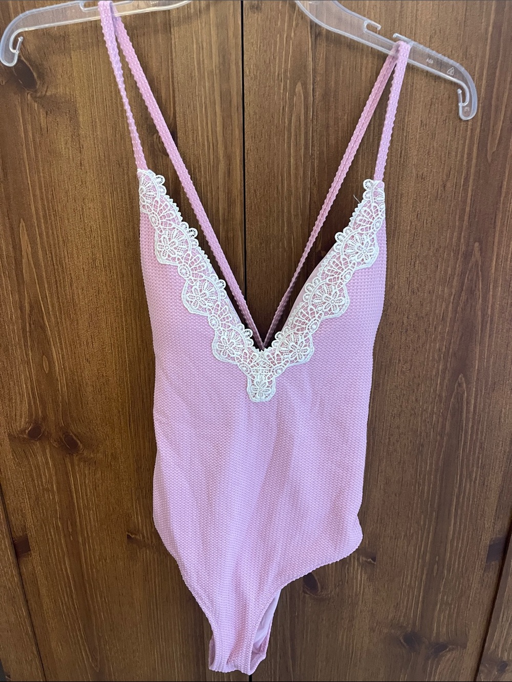 aerie Pink One-Piece Swimsuit with White Lace Trim